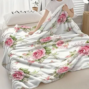 Mercu Elegant Watercolor Rose Floral Flannel Throw Blanket Soft Warm Stylish Plush Texture Machine Washable Dust Proof for Bed Sofa Office Dorm Car Camping Perfect Holiday Gift Office Comfort Item 1pc Comfy birthday celebration