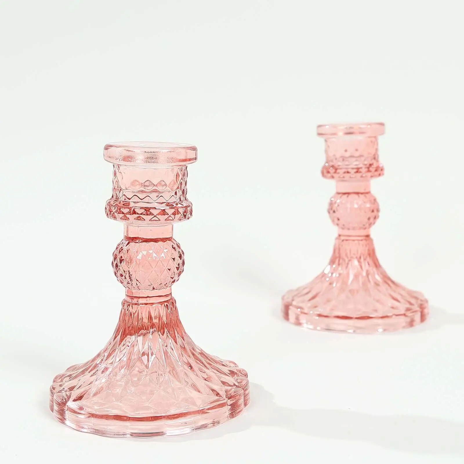 6-Pack Diamond Pattern Glass Taper Candlestick Holders - 4" Dusty Rose Reversible Crystal Pillar Votive Stands for Home Decoration, Interior Decoration Accessories, Decor, Room Decor, Wedding