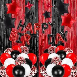 Red and Black Party Decorations with Happy Birthday Balloon Banner, Fringe Curtains, Star Foil Balloons Décor Supplies for Boys Girls 21st 25th 30th 35th 40th 50th 60th 70th Birthday
