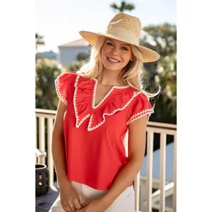 Cherry Charm Scalloped Flutter Sleeve Red Blouse