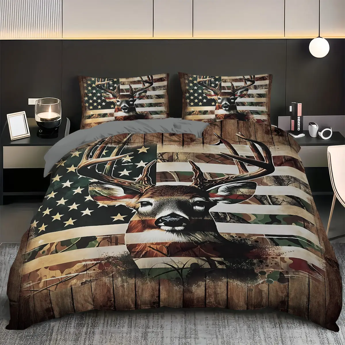 Deer & American Flag Pattern Duvet Cover Set, 3 Counts/set Including 1 Duvet Cover & 2 Pillowcase without Filler, Soft Comfortable Bedding Set for Hom