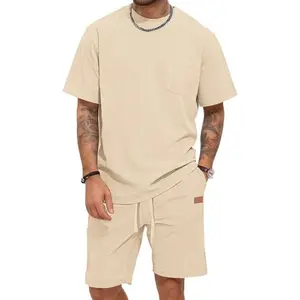 Men's Waffle Short Sets 2 Piece Outfits Cotton T-Shirts and Shorts Set Summer Vacation Beach Casual