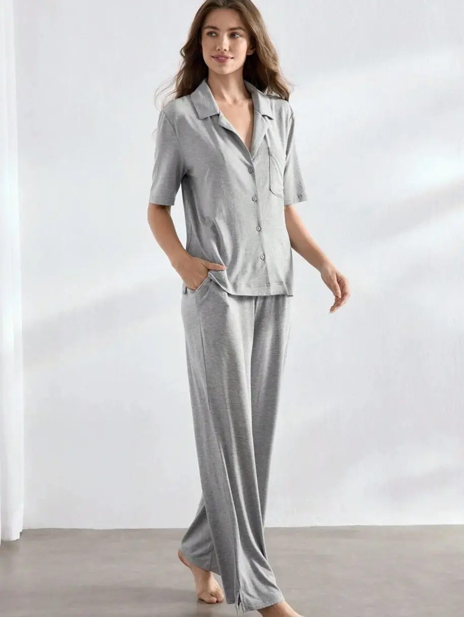 Women's Grey 2-Piece Pajama Set with Button-Front Short Sleeve Top and Pants