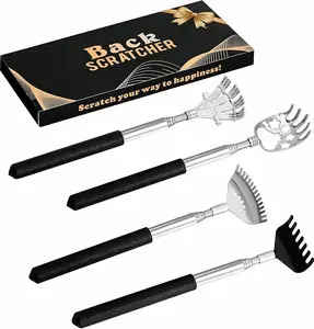 4 Pack Different Back Scratcher Portable Telescoping with Rubber Handles, Extendable Metal Back Massager Tool with Beautiful Box, Stocking Stuffers for Men Women Adults (Black)