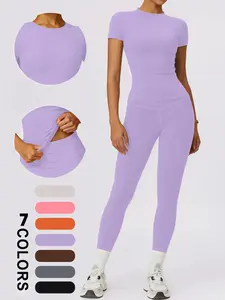 Women's Sportswear Set, Solid Color Tee & Yoga Leggings, No Front Seam Design, Classic Style, Ideal for Outdoor Running & Fitness