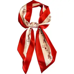 Women’s Long Skinny Polyester Satin Scarf - 59x5.9 in, Breathable, Soft, Multi-Use All-Seasons Fashion Accessory with Flower Motifs for Hair, Handbags
