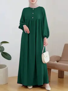Women's Fashion Casual Lantern Sleeve Round Neck Solid Color, Elegant Loose-Fit Woven Fabric, All Seasons Wear Modest Style Dress