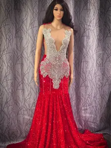 Red Custom Prom Dress Sleeveless Velvet Sequin Gown with Crystal Appliqué | Made to Order