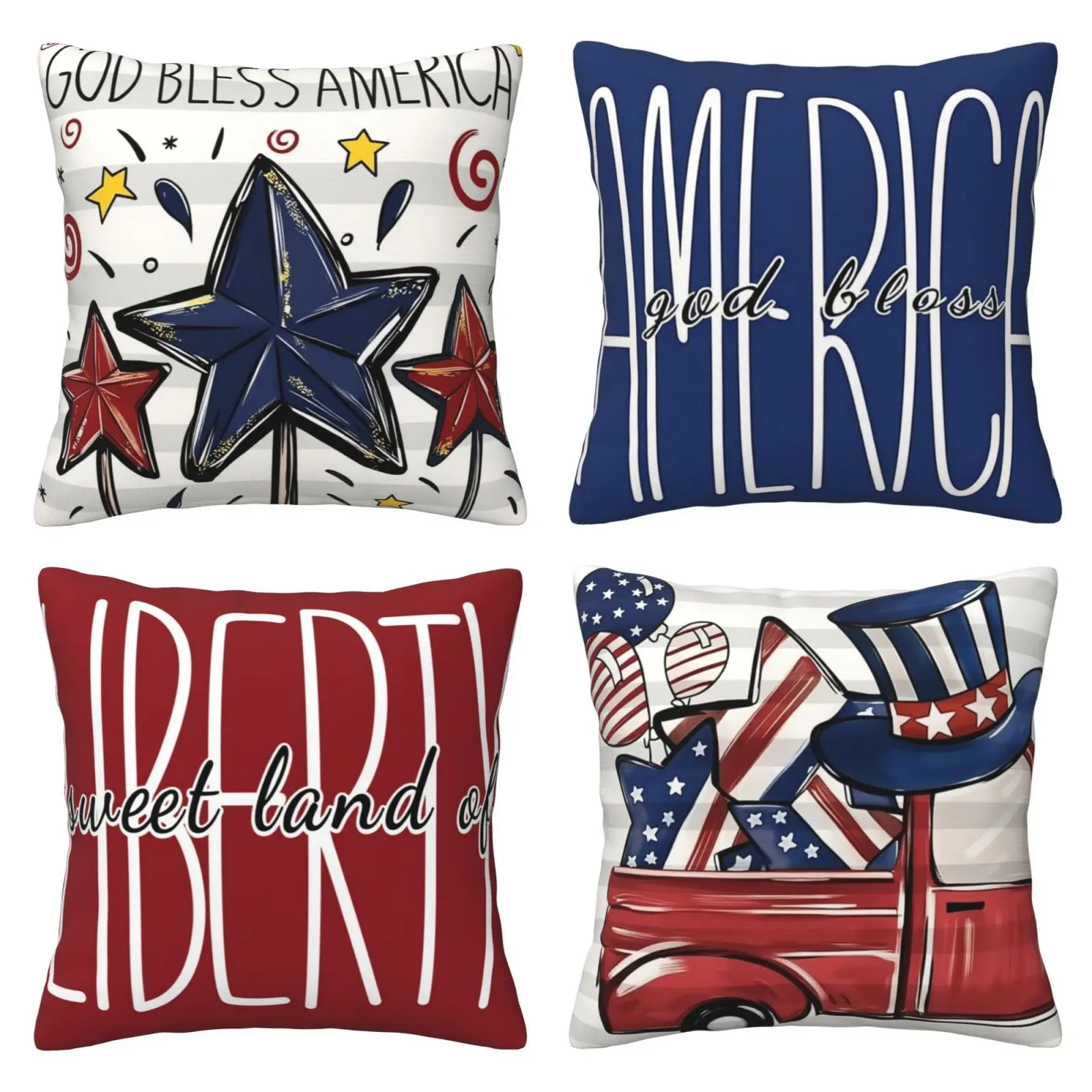 July 4th themed pillowcase, Independence Day themed pillowcase, Memorial Day, American patriotic striped star truck pattern pillowcase, holiday home sofa decoration, Home Textile, 4-piece set with double-sided printing