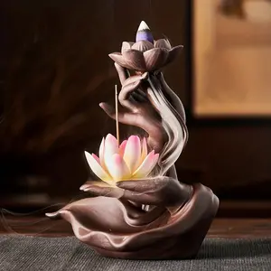 1Count Buddha Hand Backflow Incense Burner Holder with Miniature Waterfall & Colorful for Lotus Flower Design - Serene Home Office Meditation  Spiritual Ornament Incense Stick Holder Tranquil Piece Detailed Craftsmanship Fragrance S Perfume Aroma Scented
