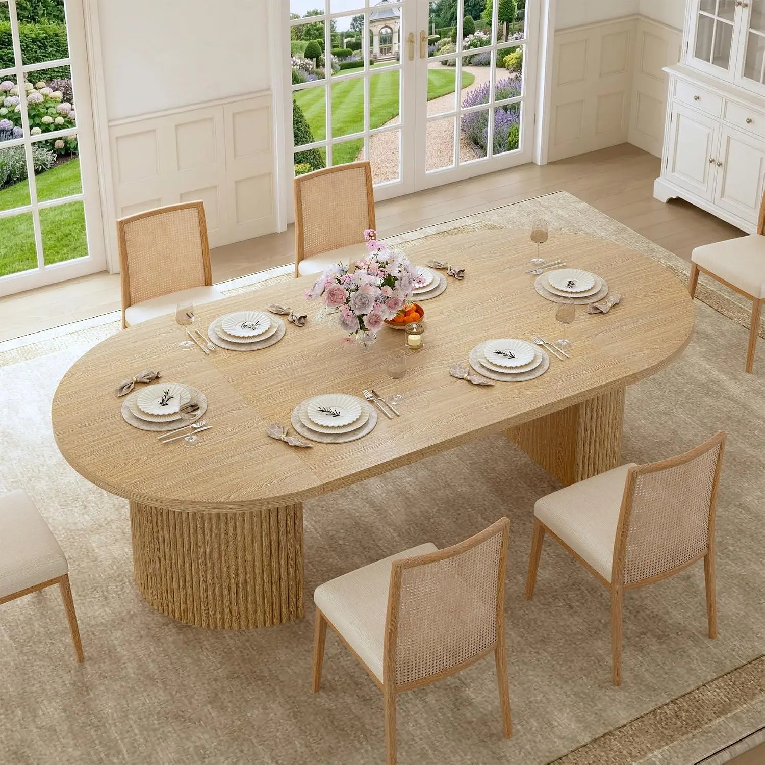 Extendable Round Dining Table for 4-8, 39in-77in Long Large Kitchen Table with Fluted Base, Space Saving Modern Farmhouse Oval Dinner Tables for Dining Room, Kitchen, Living Room, Natural