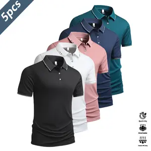 Men's 5-Piece Casual Short-Sleeve Polo Shirt Bundle - Color Block Collar & Cuff, Quick Dry, Breathable Athletic Top, Golf & Vacation Sportswear, Comfortable Equestrian Apparel