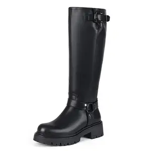 Women’s Knee High Chunky Platform Boots with Side Zipper Adjustable Buckle Non Slip Sole Biker Riding Boots for Trendy Casual and Concert Wear