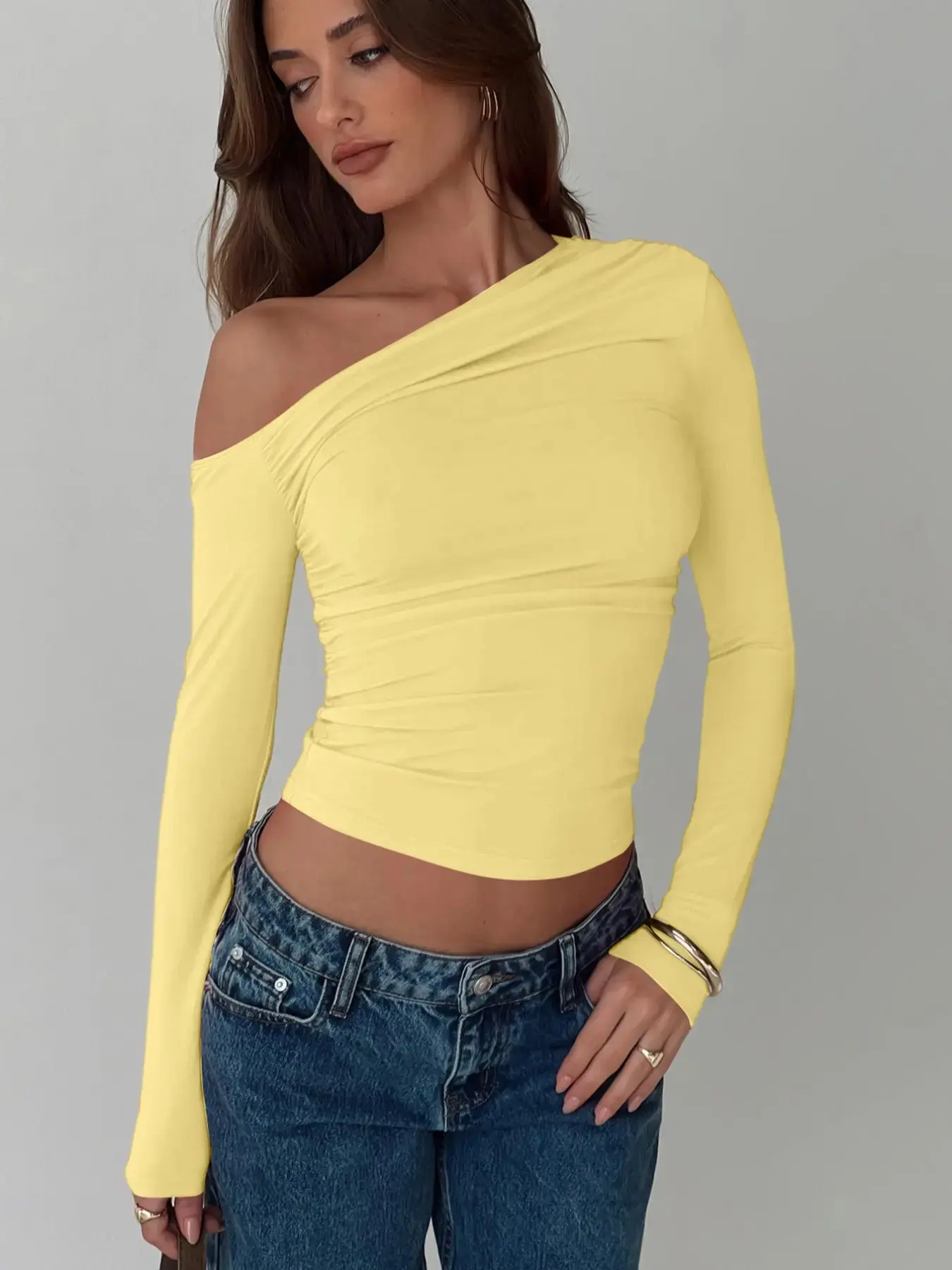 Women Solid Color One Shoulder Ruched Long Sleeve Crop Top Sexy Strapless Backless Slim Fitting Elegant Party Club Date Holiday Daily Casual T Shirt Blouse Ladies Spring Fall Winter Basic Tops Clothes