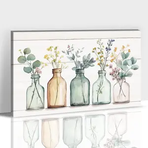 Kitchen Canvas Wall Art, Rustic Bottles and Plants Farm Painting Pictures for Dining Room Wall Decor, Framed Country Floral Still Life Landscape Prints Posters for Living Room Artwork