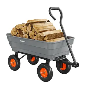 Garden Dump Cart 600 lb Capacity, 10" All-Terrain Wheel Utility Wagon with Steel Frame, Poly Bed, Quick-Release Dump & 180° Handle, Gray/Orange