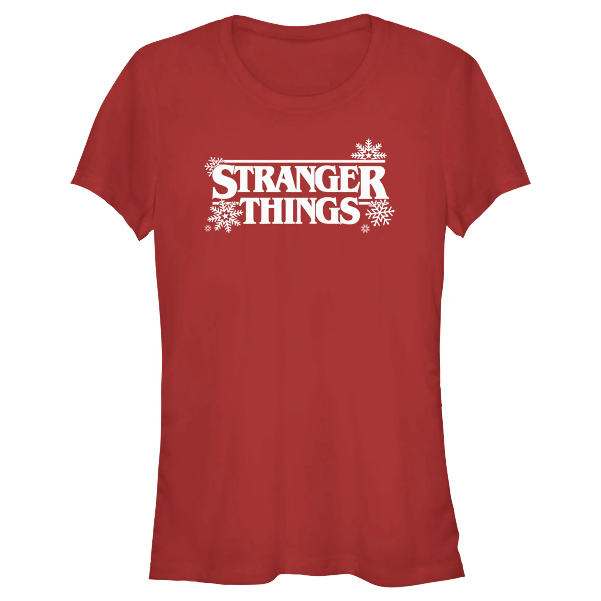 Juniors Womens Stranger Things Christmas Snowflakes Logo T-Shirt