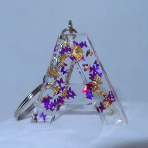 Purple Butterfly and Gold Flakes Handmade Letter Key Chain