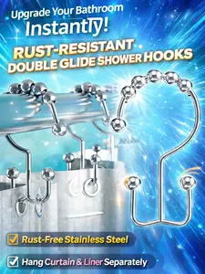 12 pcs Premium Rust-Resistant Double Glide Shower Curtain Hooks, hangs both shower curtain and liner,smooth sliding and long-lasting shine, Perfect for humid bathrooms, won’t corrode,adds a modern,luxury look to any bathroom. Perfect for bathroom remodels
