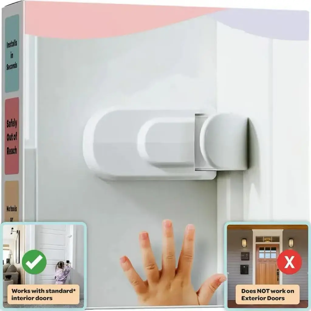 The Snap-On Door Lock Kids Can't Reach or Defeat - For Interior Doors Only, DOES NOT work on exterior doors - No Tools or Adhesives Required - Works With Knob or Lever Handles - Practical New Parent Gift, Essential Baby Proofing Supplies