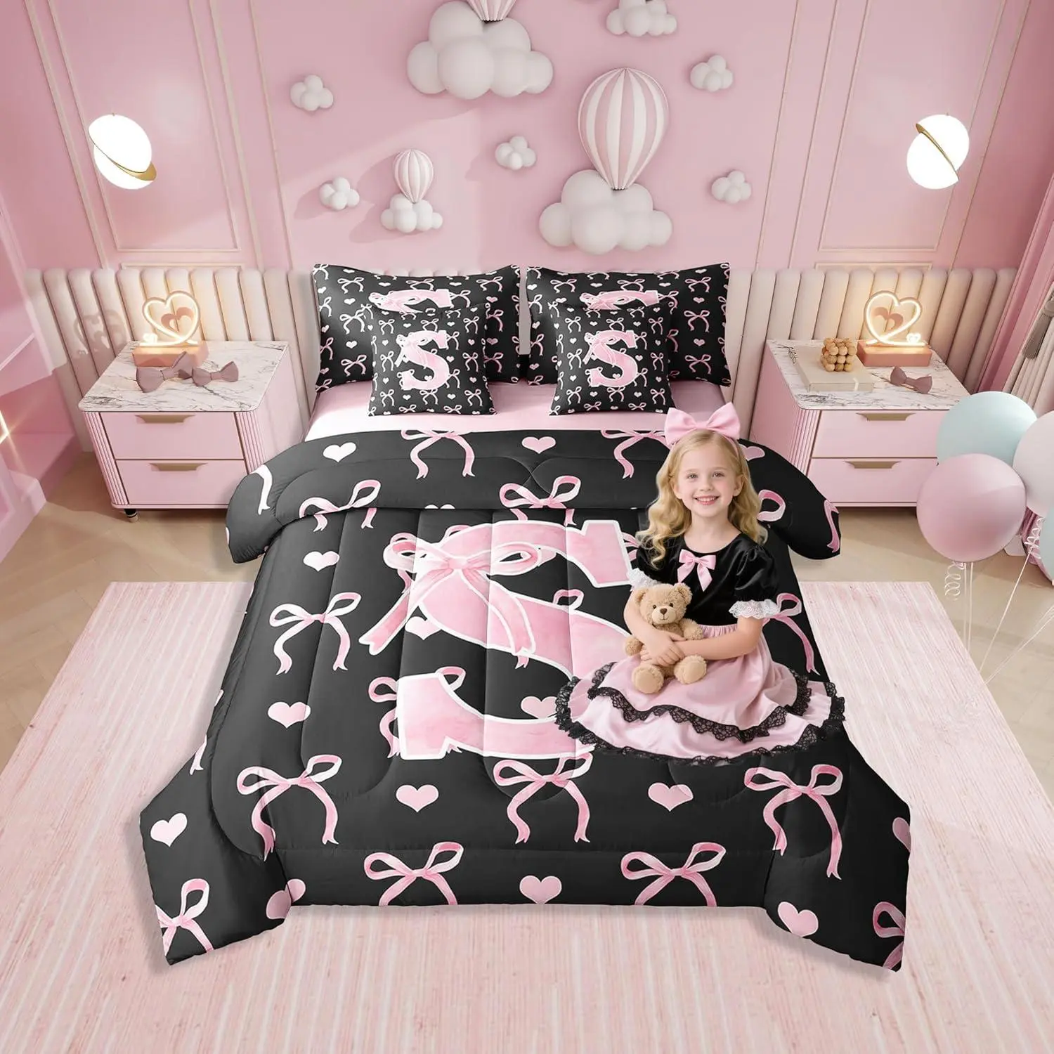 Feelyou 7-Pcs Full Toddler Girl Bedding Set - Black Pink Letter, Love Heart, Fairy Tale Watercolor Princess Design, Soft Breathable All-Season Linens with Comfy Blanket (Ideal for Halloween, Thanksgiving, Valentine's Day; King Size Option Available)