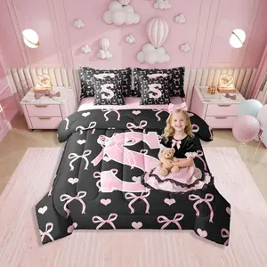 Bow Knot 7 Piece Bedding Set,Girls Black Pink Alphabet Bed Set with Sheets,Aesthetic Love Heart Fairy Watercolor Sweet Princess All Season Bed Bag