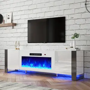 [Ships in 2 Boxes] AMERLIFE U-Shaped Legs Fireplace TV Stand, Media Console with Electric Fireplace and LED Lights, Modern Entertainment Center with Storage Shelf, Apartment Furniture/Best Gift Ideas/Christmas Gifts