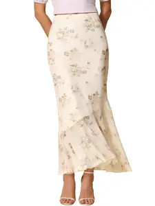 INSPIRE CHIC Women's Mermaid Ruffle Hem Maxi High Waisted Fishtail Long Floral Mesh Skirt Beige