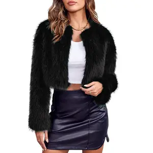 Tankaneo Women's Fashion Cropped Faux Fur Jacket Long Sleeve Open Front Cardigan Casual Fluffy Parka Shaggy Short Coat