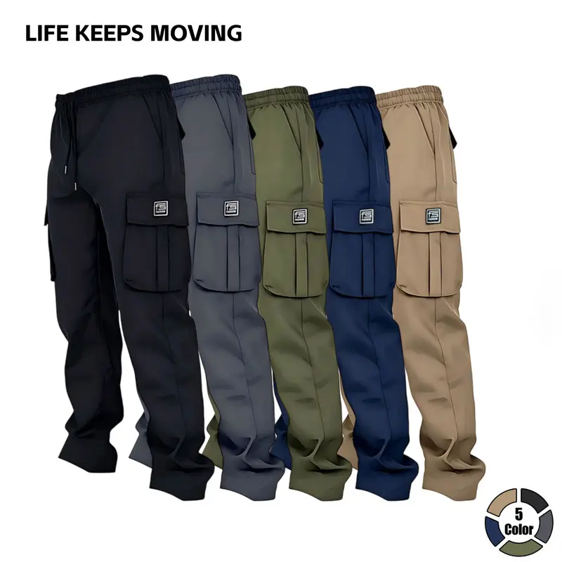 LIFE KEEPS MOVING Men’s all-season fashion casual cargo pants with multiple pockets, loose straight cut; suitable for outdoor workouts, everyday commuting, and work; wear-resistant and comfortable.