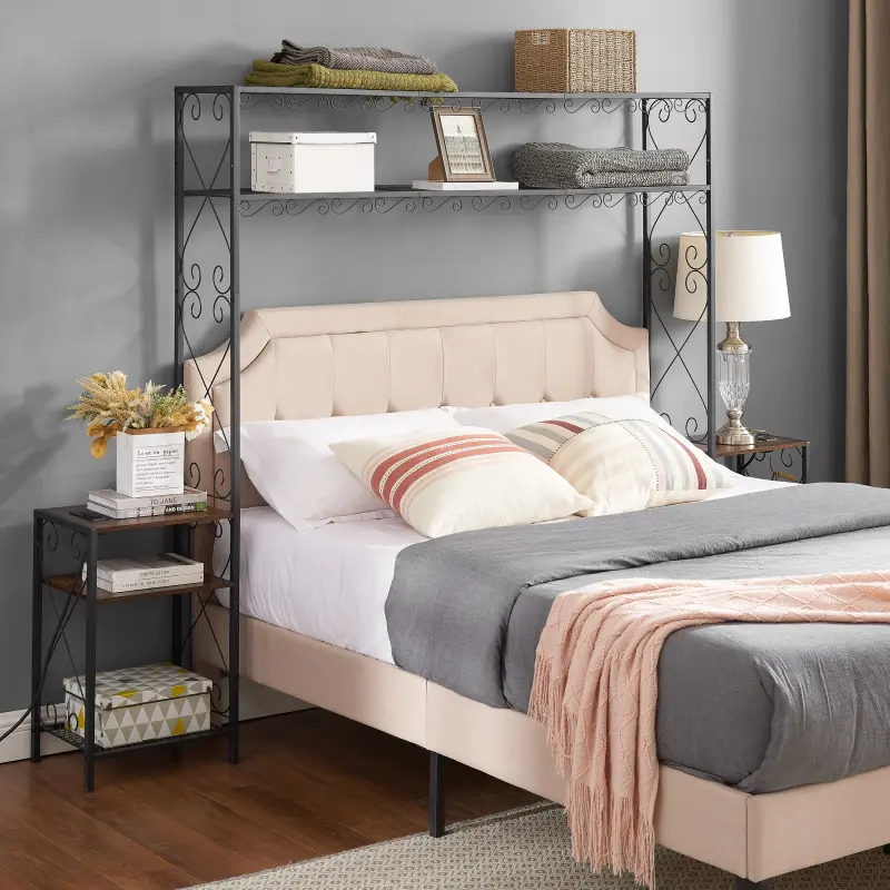 Queen Bed Frame with 2 Nightstands Headboards with Storage Cabinet Headboard with Shelves Bookcase Headboard Queen Easy Assembly for Bedroom Iron and Wood Rustic Brown
