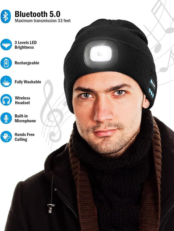 Bluetooth Beanie with a Light, Unisex USB Rechargeable 4 LED Fashlight Hat with Cordless Headphones, Unique Christmas Birthday Gifts for Men Him Husband Teen Black