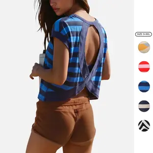 Imily Bela Women's Summer Striped Short Sleeve Open Back Athletic Workout T-Shirt Loose Casual Activewear Tee