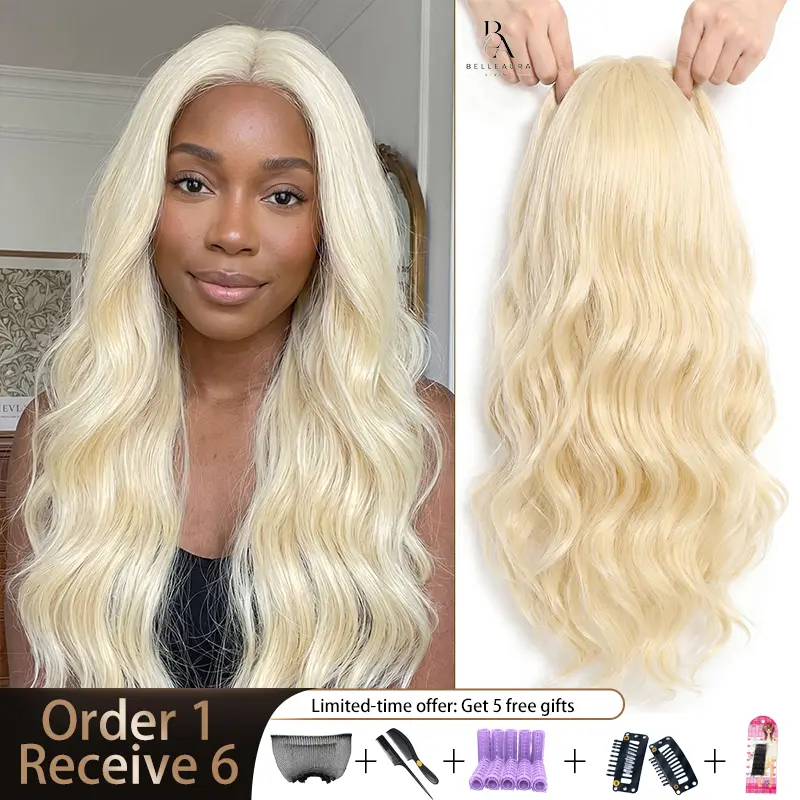 [Order 1, Get 6]26 Inch Long Wavy Wig for Women, 13x4 Lace Front Middle Part Wig, Pre-Plucked Natural Hairline Heat Resistant Synthetic Fiber Wig, Soft Blonde Black Natural Looking Hair Extension