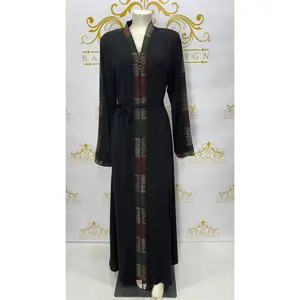Zipper Abaya Colorful Embroidery Line Design Maxi & Long Sleeve