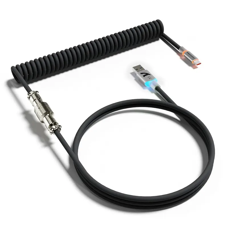 ATTACK SHARK C01 ULTRA Coiled USB C Cable Double Sleeved with RGB Light Plug,Detachable Metal Aviator,Type-C to USB-A Mechanical Gaming Keyboard Cable for Win Mac PS4 Xbox Switch Printer Tablet