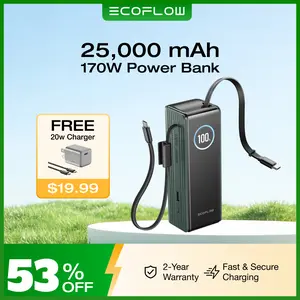 EF ECOFLOW Rapid Power Bank, 25,000mAh, 170W, 100W Built-in and Retractable Cables, Portable Charger with Triple 100W USB-C Port, Compatible with iPhone Series, Samsung, Laptop and More, Silver