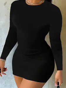 Women'S Sexy Bodycon Dress - Stretchy Long Sleeve Solid Pink Round Neck, Machine Washable All-Season Versatile Fit for Casual & Formal Occasions, Perfect for Adult