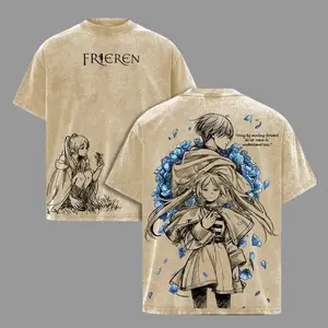 Frieren x Himmel Tee Washed – Frieren: Beyond Journey’s End Vintage Washed Heavy Cotton Oversized Anime Manga T-Shirt, Double Printed Retro Unisex Streetwear Graphic Top, Love After the Journey Fantasy Edition Crewneck Tshirt
