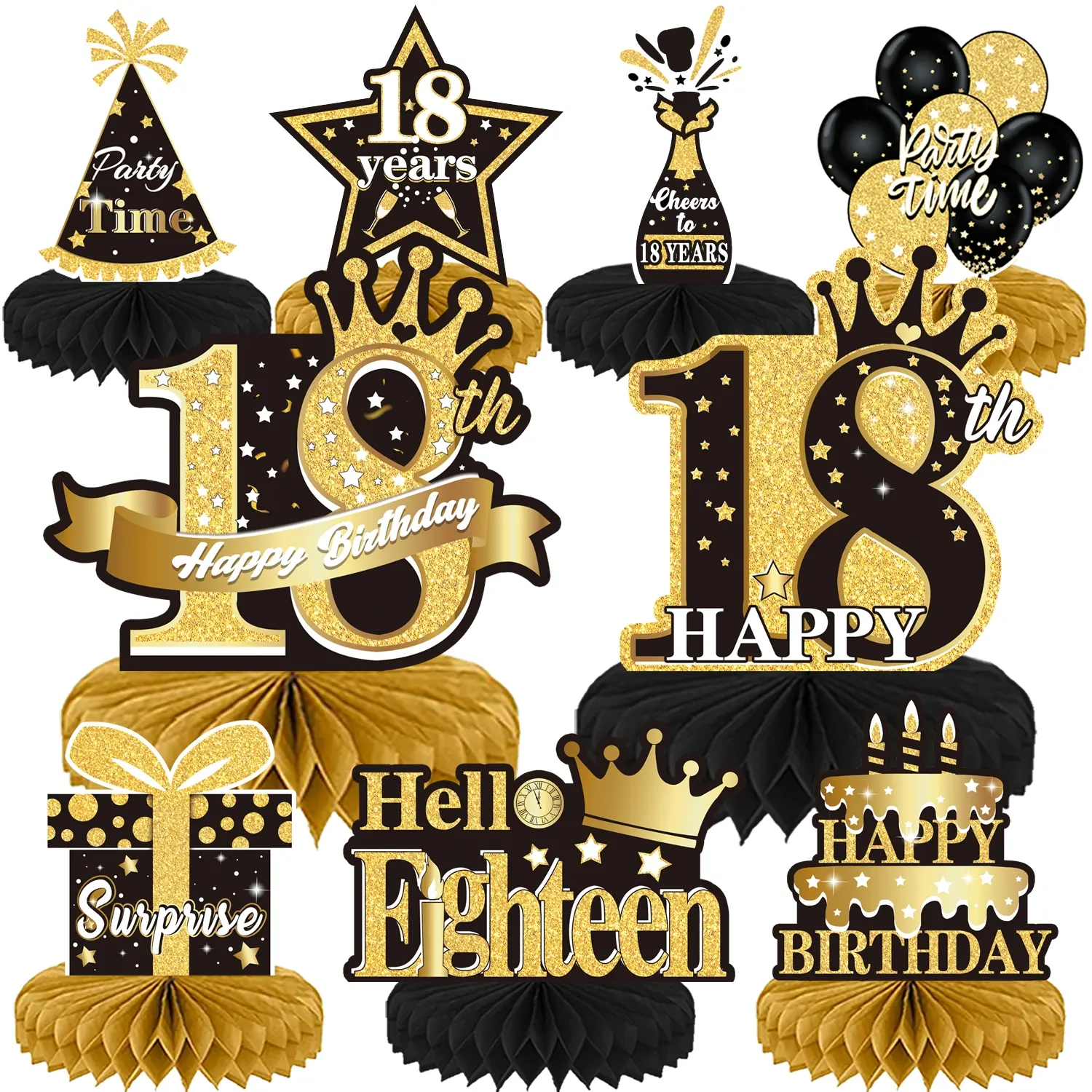 9Pcs 3D Black Gold Theme 18 Birthday Centerpiece Decorations Table Decorations Set for Boy And Man Birthday Party Decorations Birthday Party Supplier Party Centerpieces