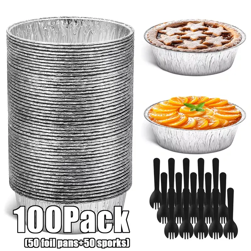 100 Pack 6 Inch Round Aluminum Foil Cake Pan Set (50 Pans + 50 Disposable Sporks), Grease Resistant Stackable Baking Trays for Cheesecake Tarts Easter Holiday Baking, Freezer Safe Dessert Storage Bakeware Supplies