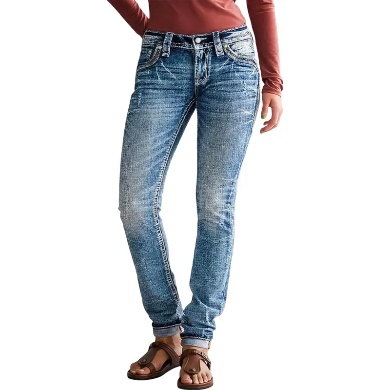 Flamingals Wash Ripped Roll Hem Low Waist Straight Leg Jeans Stretchy 29.5'' Inseam