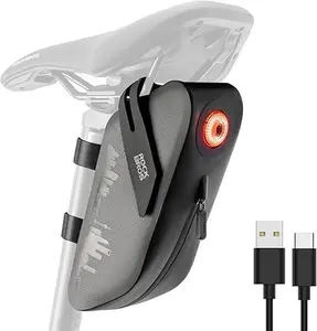 ROCKBROS Bicycle Saddle Bag with Smart Tail Light 0.8L Waterproof Resistant Bike Bag Under Seat Reflective Bike Seat Bag 3 Magic Straps for Road Mountain Bikes
