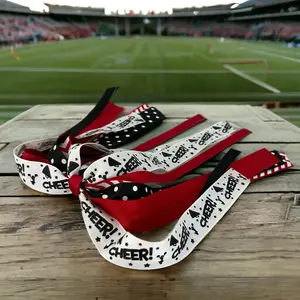 Glitter Cheer Ponytail Ribbon Bow, Red Black & White Hair Tie Band for Girl's Cheerleading Squad