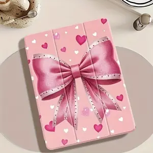 Pink and white heart-shaped bow pattern, with adjustable bracket and pen slot, foldable non-slip TPU protective case, suitable for iPad mini, iPad Air, iPad Pro/iPad 10th generation, 11th generation and other series iPad protective cases