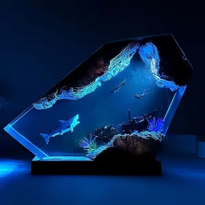 Ocean Resin Wood Light Decor Ornament, Handmade Resin Wooden Lamp Multicolor USB Night Light,Deep Sea Marine Animals Cave Diving Nightlights Christmas Birthday Gift for Friend Family