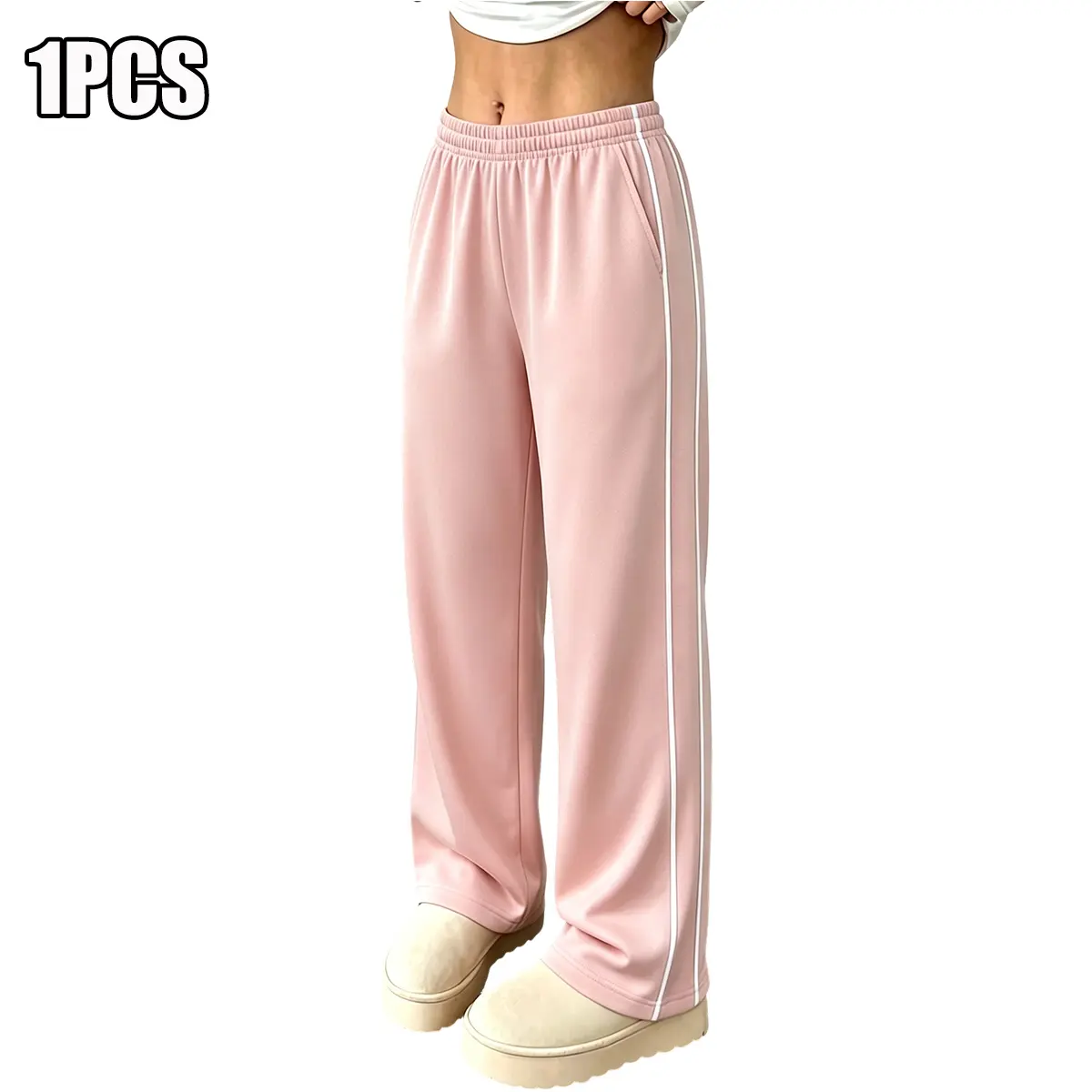 Women's Mid-Waist Striped Elastic Waist Drawstring Wide-Leg Pants - Polyester Preppy Sportswear, All-Season Athletic Casual Bottoms