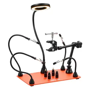 Magnetic Helping Hands Soldering Station With 3X Magnifying Lamp And Hot Air Gun Holder, Adjustable Arms And Clamp, Precision Electronics Workstation For Soldering And Rework, LED Lighting Base For Hands-Free Support