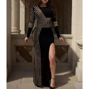 Elegant Rhinestone Dress - Sexy Long Sleeve High Slit Women's Dress comfortable Formal Womenswear Workwear Crewneck Golden