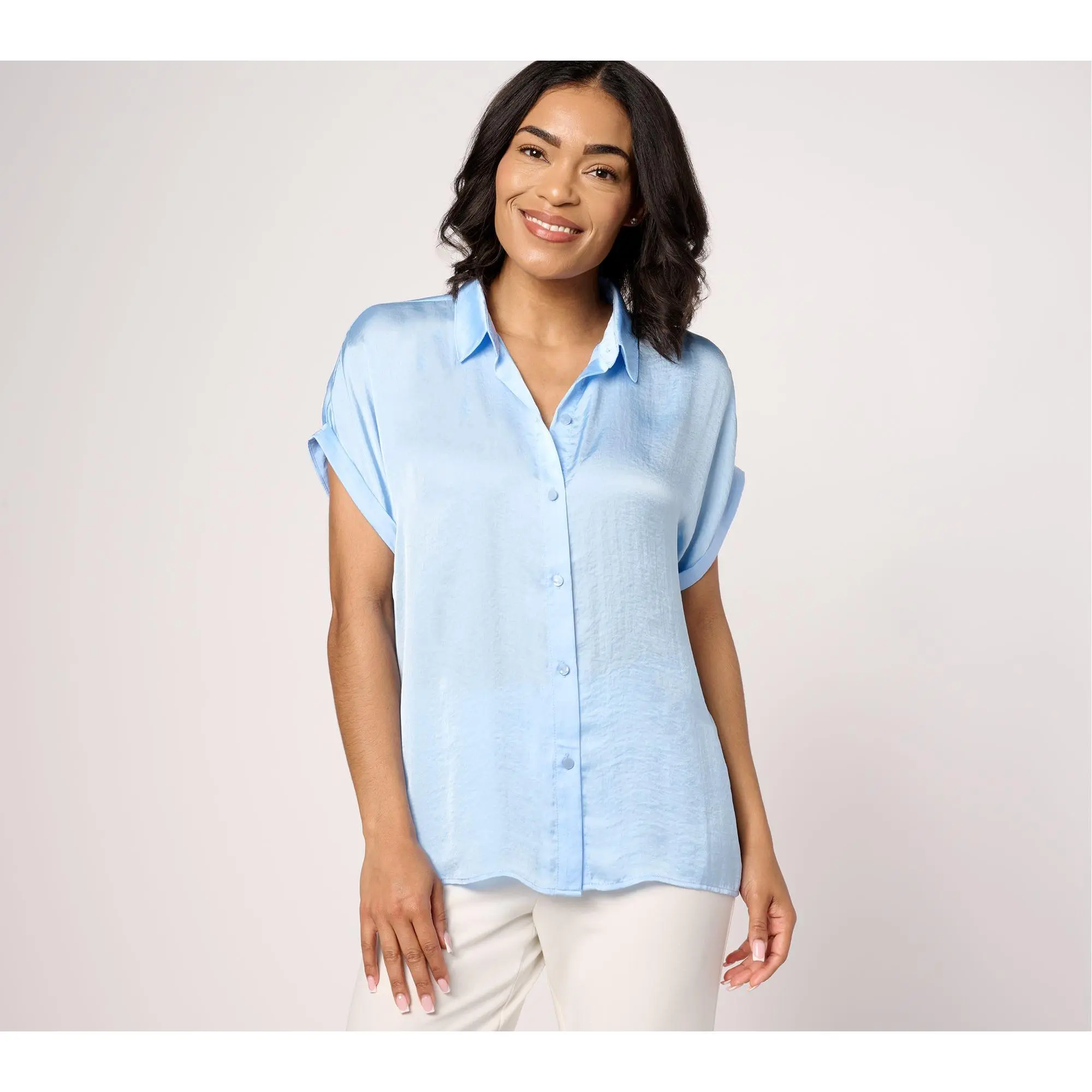 Dennis Basso Woven Camp Shirt with Rolled Sleeves